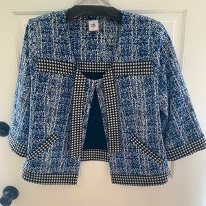 CAbi Reina 21 Club Jacket Blazer Women's LG Blue Tweed Black Plaid